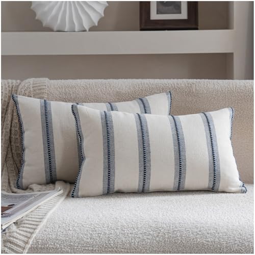 Cethom Boho Lumbar Pillow Covers 12x20 Set of 2, Navy Blue Striped Decorative Pillow Cases for Couch Chair Bed, Textured Farmhouse Modern Accent Cushion Covers for Living Room Bedroom Sofa Home Decor - color: Navy Blue, size: 20" x 12" (Pack of 2)