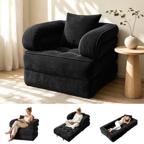 Folding Sofa Bed, Convertible Sleeper Chair with Armrests for Adults, Foldable Corduroy Boneless Bed, 3-in-1 Portable Futon Couch Floor Sofa with Pillow for Bedroom, Living Room, Black