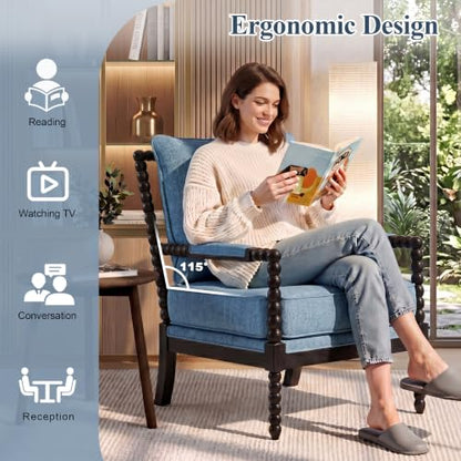 DUHOME Linen Fabric Spindle Accent Chair with Wood Frame,Modern Accent Spool Chairs with Padded Spring Seat and Brushed Blue Base for Living Room Bedroom Farmhouse Home Office Belcony - color: Black+blue, size: 1 pc