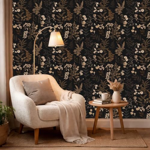 Peel and Stick Wallpaper Dark Vintage Botanical Floral 17.7"x70.8" | Self-adhesive removable wallpaper for walls, renter-friendly bedrooms, living rooms, powder rooms, and accent walls - color: Black/Brown, size: 17.7" x 70.8"