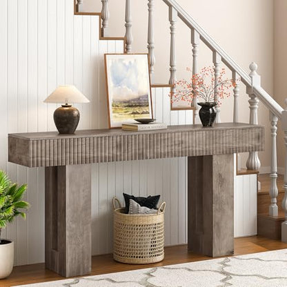 63-Inch Long Entryway Console Table with a Fluted Design, Thick Wood Farmhouse Sofa Table Behind Couch, Narrow Hallway Accent Table for Living Room, Foyer, Entrance,Grey - color: Grey, size: 63 Inch