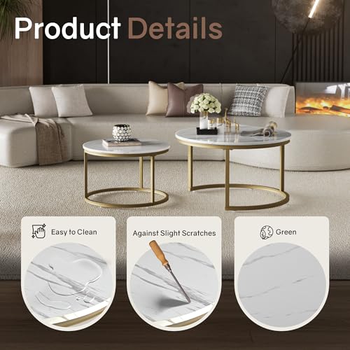 Otterease Nesting Tables Set of 2, Small Round Coffee Table for Living Room | Nesting Coffee Table with Adjustable Non-Slip Feet, White Marble Top Stack Nesting Table for Living Room, Bedroom, White - color: 31.5" Marble White