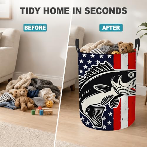 Patriotic Bass Fish Collapsible Laundry Hamper,American Flag Waterproof Oxford Cloth Clothes Basket with Handles for Bathroom Bedroom Nursery Dorm Room,16" x 20" - color: Patriotic Bass Fish,American Flag