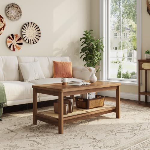GAOMON 2-Tier Coffee Table for Living Room, Rectangular Center Table with Rattan Storage Shelf for Small Space, Easy Assembly, Walnut - color: Walnut