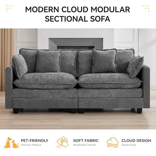 76'' Cloud Deep Seat Loveseat, Upholstered Chenille Modular 2-Seats Sectional Sofa Couch, Modern Comfy Settee Loveseat for Living Room Set, Small Apartment, Grey - color: Grey, size: 76'' Loveseat
