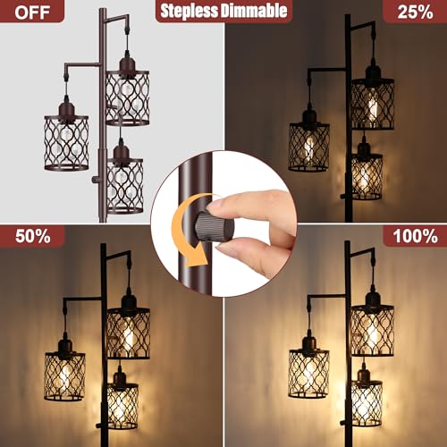 68" Farmhouse Floor lamp, Dimmable Industrial Floor Lamps for Living Room, 3 Light Rustic Standing Tall Lamp Including 3 PCS 6W E26 Bulbs, Tree Floor Lamp for Bedrooms Room, Office, Bar, Brown - color: Brown - Dimmable (With Bulbs), size: 68"