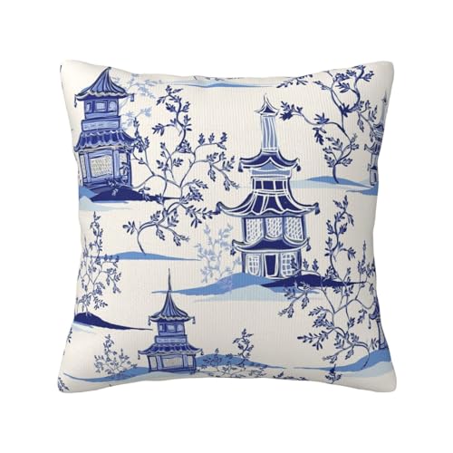 Blue Chinoiserie Temple Chinese Style Throw Pillow Case Square Decorative Pillow Cover for Home Decor Sofa Living Room Couch Bed Car Cushion Cover 18"X 18" - color: Blue Chinoiserie Temple Chinese Style, size: 18" x 18" (Pack of 1)