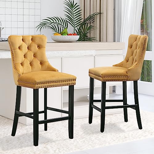 Modern Velvet Upholstered Bar Stools Set of 2 with Wood Legs, Button Tufted,Chrome Nailhead, Counterstool Seat, Armless Bar Chairs (Gold) - color: Gold, size: Set of 2
