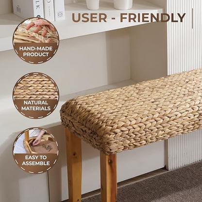 Solid Wood Acacia Indoor Bench, 47 Inch Water Hyacinth Seat, Fishbone Style | Natural Woven Seat, Living Room or Entryway, Bedroom End of Bed or Dining - color: Fishbone - Natural Leg & Water Hyacinth
