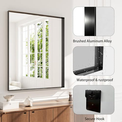 48x36 Black Bathroom Mirrors for Over Sink, Wall Mounted Bathroom Vanity Mirror, HD Distortion-Free Tempered Glass, Anti-Rust Brushed Matte Aluminum Alloy Frame, Horizontal or Vertical Hanging - size: 48"L x 36"W