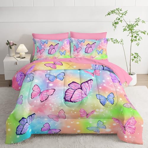 7Pcs Comforter Set Rainbow Butterfly Printed Bedding Set with 1 Comforter, 1 Flat Sheet, 1 Fitted Sheet and 4 Pillowcases for Boys and Girls Bedroom All Season(Twin) - color: Butterfly, size: Twin 68x86inches