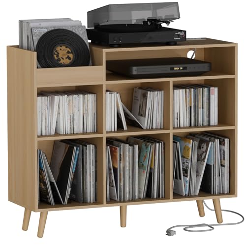 Large Record Player Stand with Vinyl Storage Cabinet, Wood Turntable Table Open Shelf Holder Up to 500 Albums Cube Storage Organizer for Living Room, Office, Oak - color: Oak