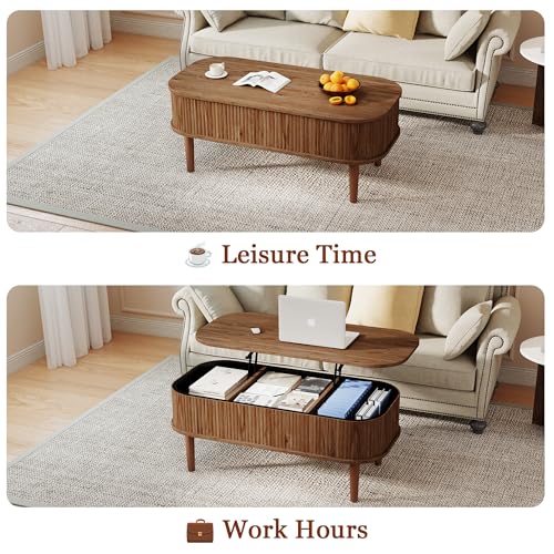 Fluted Lift Top Coffee Table with Hidden Storage, Oval Coffee Table with Lifting Top, Mid Century Modern Design for Living Room, Office & Small Spaces, Walnut - color: Walnut