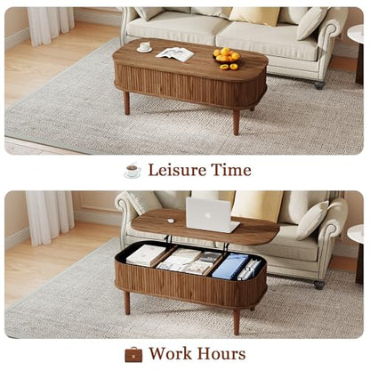 Fluted Lift Top Coffee Table with Hidden Storage, Oval Coffee Table with Lifting Top, Mid Century Modern Design for Living Room, Office & Small Spaces, Walnut - color: Walnut