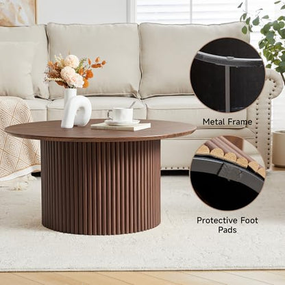 31.5" Round Coffee Table, Modern Fluted Accent Center Table with Metal Frame, Wooden Circle Coffee Tables for Living Room Small Space or Office (Walnut) - color: Walnut 31.5" Round