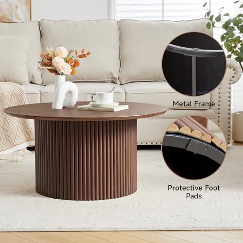 31.5" Round Coffee Table, Modern Fluted Accent Center Table with Metal Frame, Wooden Circle Coffee Tables for Living Room Small Space or Office (Walnut) - color: Walnut 31.5" Round
