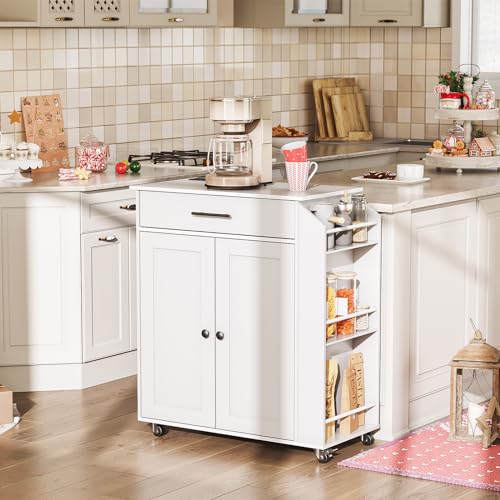 HOOBRO Kitchen Island with Power Outlet, Kitchen Storage Island with Spice Rack and Drawer, Rolling Kitchen Cart on Wheels, for Home, Kitchen and Dining Room, White WT82UZD01G1 - color: White