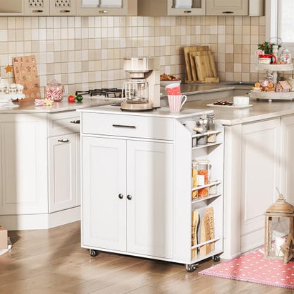 HOOBRO Kitchen Island with Power Outlet, Kitchen Storage Island with Spice Rack and Drawer, Rolling Kitchen Cart on Wheels, for Home, Kitchen and Dining Room, White WT82UZD01G1 - color: White