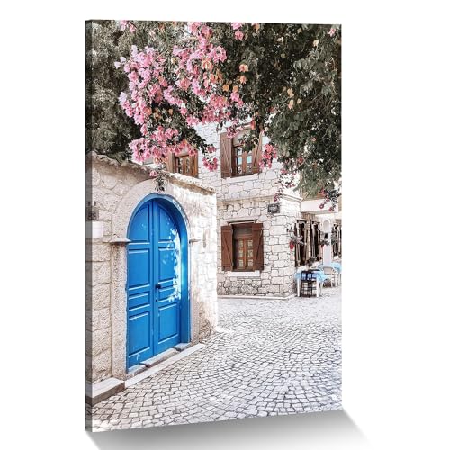 ArtSquare Modern City Landscape Wall Art: Exquisite Flowers Town Picture Minimalist Blue Door Building Painting Bright Fresh Floral Street Artwork Greek Island Scenery Canvas Prints for Bedroom - color: Blue Door, size: 24"L x 16"W
