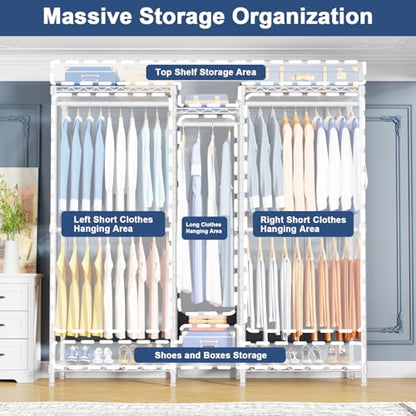 E12C Heavy Duty Closet Organizer System，Freestanding Clothing Rack, Adjustable Garment Rack 57.1" W x 16" D x 76.5" H Holds 860 lbs, White Clothing Rack with White Dustproof Cover - color: White Rack With White Cover, size: E12C