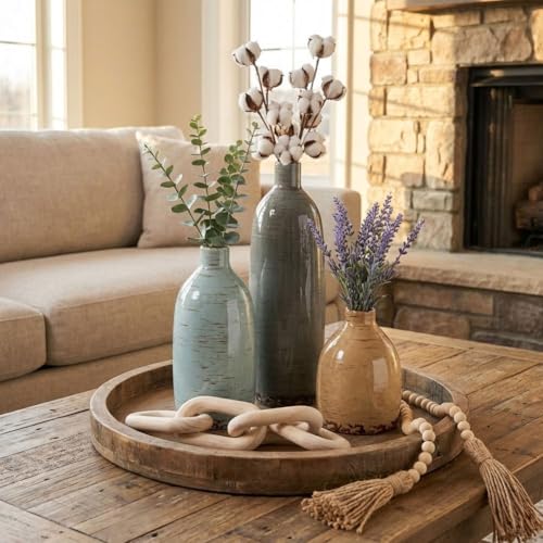 Multicolor Ceramic Vase Set of 3, Farmhouse Vases for Home Decor, Rustic Flower Vases for Living Room, Shelf, Kitchen, Mantel, Bedroom, Coffee Table, Office, Bathroom, Entryway Table Centerpiece Decor - color: Multicolor
