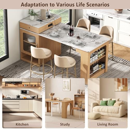 59.5" Kitchen Island with Extendable Dining Table, Kitchen Storage Table with Double-Sided Storage & Drawers, Power Outlet, Side Open Shelves, for Dining Room (Natural3) - color: Natural3