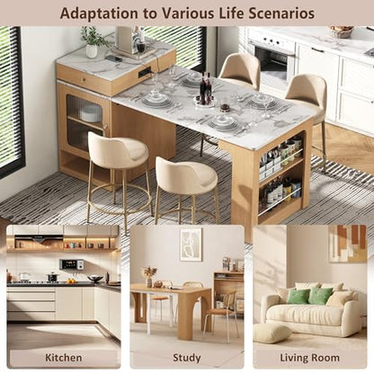 59.5" Kitchen Island with Extendable Dining Table, Kitchen Storage Table with Double-Sided Storage & Drawers, Power Outlet, Side Open Shelves, for Dining Room (Natural3) - color: Natural3