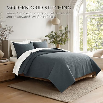 100% Cotton Modern Grid Stitch Quilt Set Queen Size Midnight Blue | Pre-Washed Cotton Coverlet Bedspread, Oversized Lightweight 3-Piece Bedding Set for All Season, with 2 Pillow Shams - color: Midnight Blue, size: Full/Queen (96" X 94")