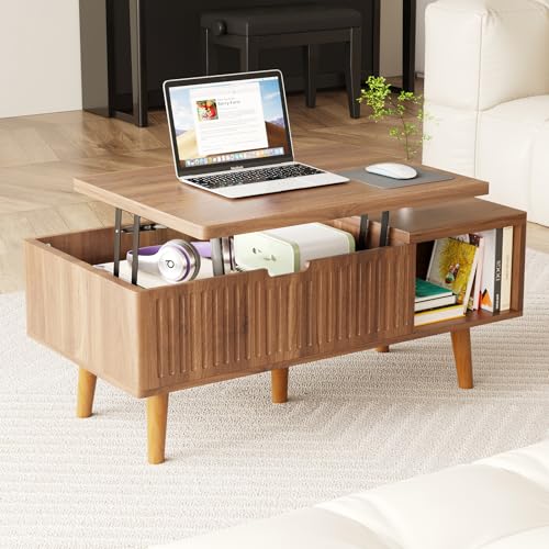 Coffee Table with Lifting Top,Wooden Fluted Coffee Table with Hidden Storage Space,2 Open Storage Compartments,Solid Wood Legs,Suitable for Living Room,Apartment,Office. (C-Lift Coffee Table-Walnut) - color: C-lift Coffee Table-walnut