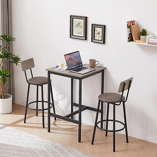 Spaco Bar Table Set for 2, Small Kitchen Dining Table Set with 2 PU Upholstered Stools, Counter Height Dining Table Set with Iron Frame for Kitchen,Small Space - color: Grey, size: 3 Piece-1 Square Table and 2 Round Stools