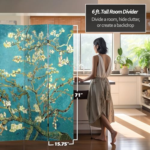 Red Lantern Double Sided Works of Van Gogh Canvas Folding Screen - Almond Blossoms/Wheat Field, 6 ft Tall - 4 Panel - color: Almond Blossoms/Wheat Field, size: 6 Foot Tall - 4 Panel