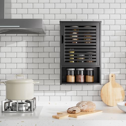 HITNET Bathroom Storage Cabinet Wall Mounted, Hanging Medicine Cabinet with Adjustable Shelf, Over the Toilet Space Saver Organizer, Black Bamboo Kitchen Cupboard, Single Door - color: Black