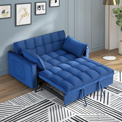 3 in 1 Convertible Sleeper Sofa Bed, Velvet Loveseat Futon Pull-Out Couch with Adjustable Reclining Backrest, Side Pockets and Pillows for Living Room, Bedroom, Apartment, Small Spaces (Blue-Velvet) - color: Blue-velvet