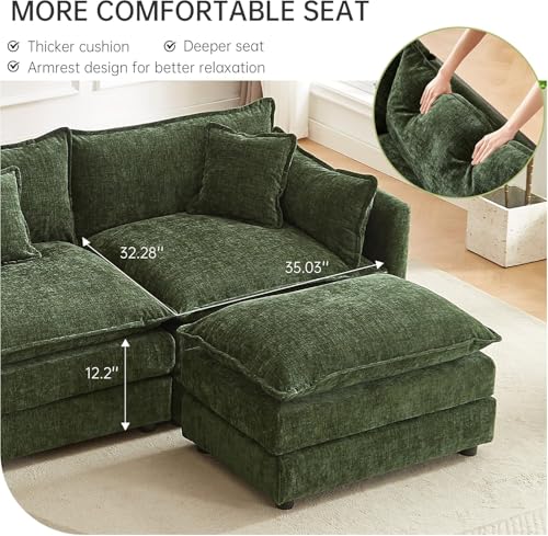 Modular Sectional Sofa, 112.2 Inch L Shaped Couch Set with Armrests, 3-Seater Comfy Cloud Couches with Movable Ottoman for Living Room Apartment, Green Sofa - color: Green, size: 112'' - L Shape