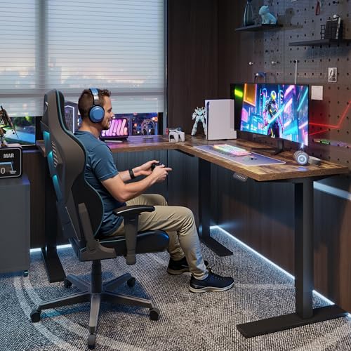 SANODESK 71x63 Reversible L-Shaped Electric Standing Corner Computer Desk | 28.3"-45.9" Adjustable Height, 4 Presets, 3-Leg Holds 220 Lbs, Spacious Top For Multi-Monitors, 2-Box Ship, Rustic Brown