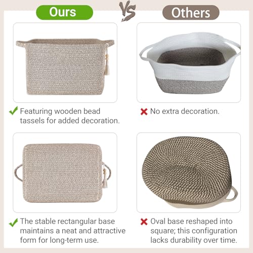 Mkono Woven Storage Basket, Cube Cotton Rope Basket for Shelves, 13"x10"x9" | Organizes Shoes Clothes Toys Towels Books, Gift Basket, Wooden Beads Tassel, Rectangle Bin, Fits Entryway Bedroom Living Room - color: Brown