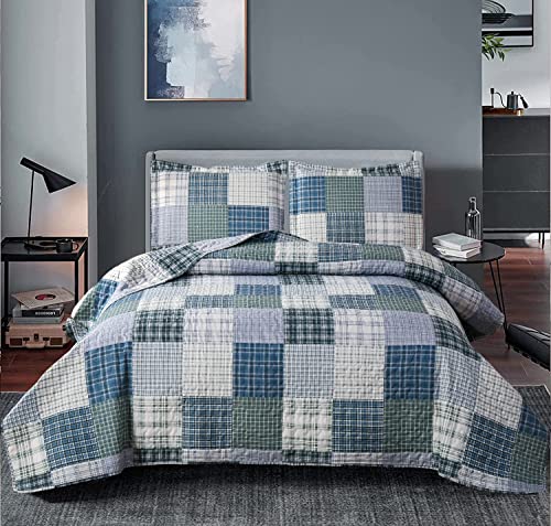 Ycosy Plaid Quilt Set King Size Patchwork Quilts Bedding Plaid Reversible Bedspread Coverlet Soft Lightweight Bed Cover Set All-Season, 1 Quilt with 2 Pillow Shams - color: Air Force Blue, size: King