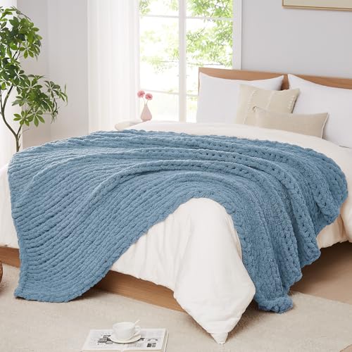 L'AGRATY Chunky Knit Throw Blanket for Couch, 80 x 90 Inches, Airy Blue | Handmade Chenille Crochet Blanket for Sofa Bed, Thick Cable Knitted Blankets for Room Home Decor, Birthday Gift for Women Mom - color: Airy Blue, size: 80"x90"