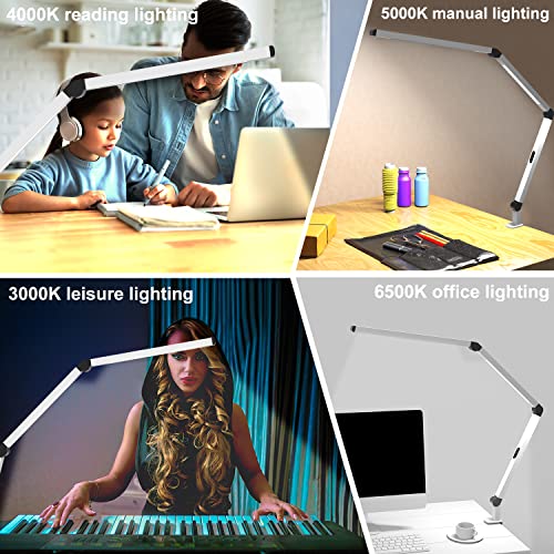 LED Desk Lamp with Clamp, Dual Light Table Lamp with Adjustable Swing Arm, Eye-Care 4 CCT Modes & 5 Brightness Levels Clip-on Architect Modern Desk Light for Home Office Crafting Sewing - color: White+Touch