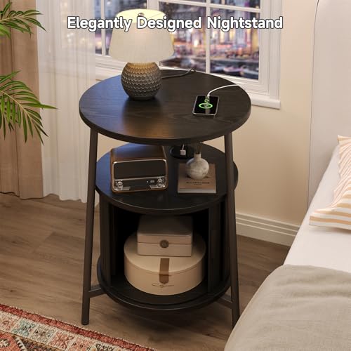 Round Side Table with Charging Station, Black | Circle Nightstand with Storage, Fluted Bedside Table, with Sliding Door, for Living Room Small Space Bedroom
