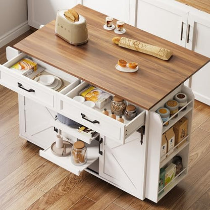 IRONCK Kitchen Island with Storage, Rolling Kitchen Island Cart with Drop Leaf Countertop and Pull-Out Shelf, Barn Doors, for Dining Room, Home Bar, White