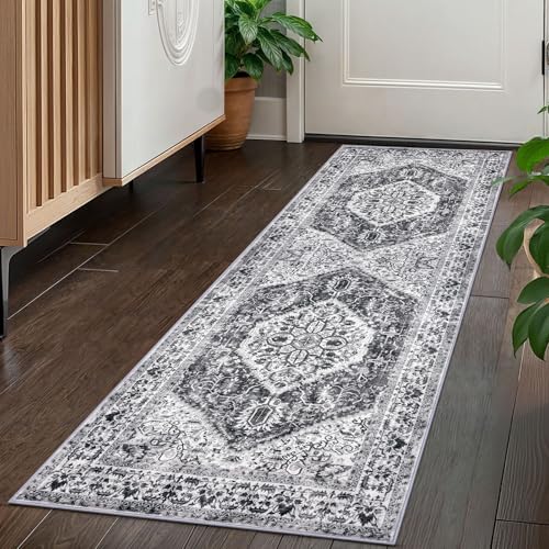 KOZYFLY Runners for Hallways 2x5 Ft Washable Kitchen Runner Rug Boho Runner Rug for Entryway Indoor Printed Faux Wool Floor Carpet Runner for Laundry Room Kitchen Hall, Grey - color: Grey/Blue, size: 2' x 5' (Runner)