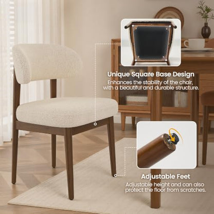 Wooden Dining Room Chairs Set of 2, Modern Upholstered Teddy Fabric Kitchen Chairs with Ergonomic Curved Back, Farmhouse Dining Side Chair with Solid Wood Frame for Kitchen Room, Beige - color: Beige