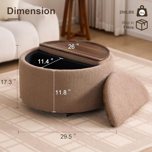 29.5" Round Storage Ottoman Coffee Table, Dual Reversible Lids, Brown | Round Ottoman Coffee Table, Swivel Casters, Hidden Storage, Dual Lift-Off Lids, Teddy Fabric, Living Room, Bedroom - color: Brown
