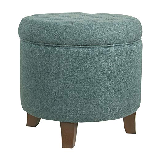HomePop by Kinfine Fabric Upholstered Round Storage Ottoman - Button Tufted Ottoman with Removable Lid, Teal Woven - color: Teal Woven