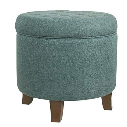 HomePop by Kinfine Fabric Upholstered Round Storage Ottoman - Button Tufted Ottoman with Removable Lid, Teal Woven - color: Teal Woven