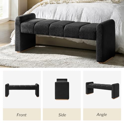 55" Upholstered End of Bed Bench with Rubber Wood Legs,Entryway Ottoman with Thick Padded Cushion for Bedroom and Living Room，Black - color: Black