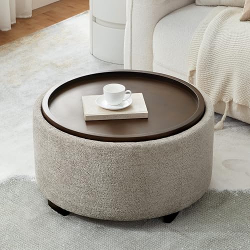 Zihanhome 30 Inch Round Storage Ottoman, Ottoman Coffee Table with Lift Off Lid, Boucle Modern Ottomans with Storage for Living Room, Bedroom, Apartments (Light Brown Striped) - color: Light Brown Striped