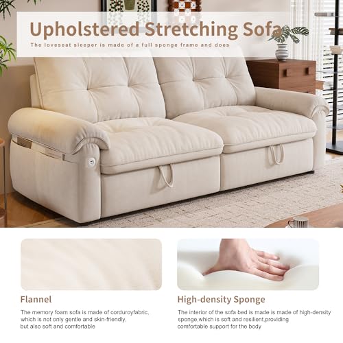 77" Sleeper Sofa Bed, Convertible Pull Out Couch with Velvet Fabric, 3-in-1 Loveseat L Shaped Couch Bed with Adjustable Backrest, Side Pocket & USB Ports for Living Room Apartment, White - color: Beige, style: Sofa Bed w/USB