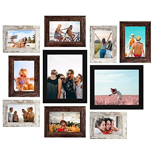 LUCKYLIFE Picture Frame Set 10-Pack, Gallery Wall Frame Collage with 8x10 5x7 4x6 Frames in 3 Different Finishes - color: Black&Brown&Distressed white